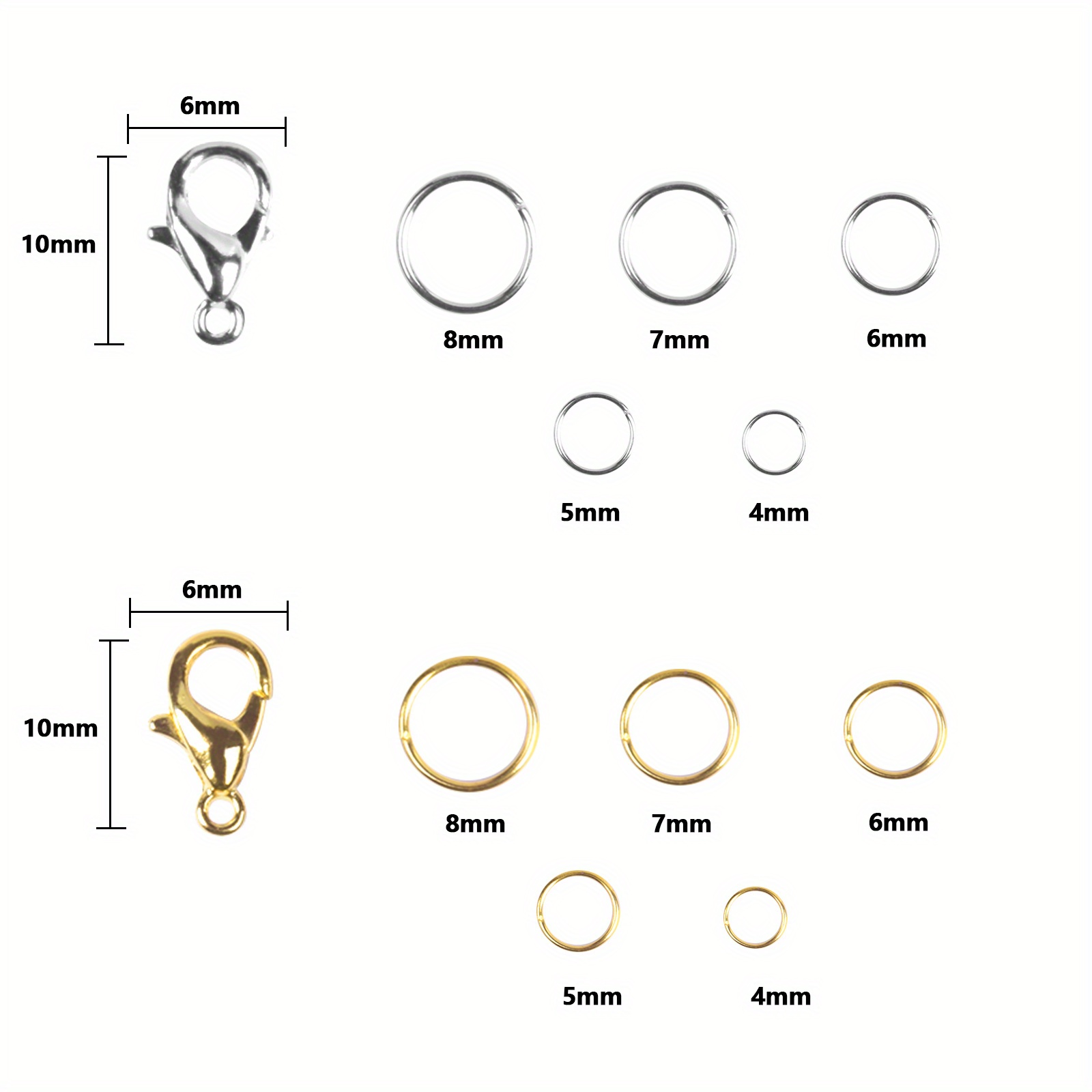 Jump Rings Of 6 Mixed Sizes, 4mm 5mm 6mm 7mm 10mm, With Lobster