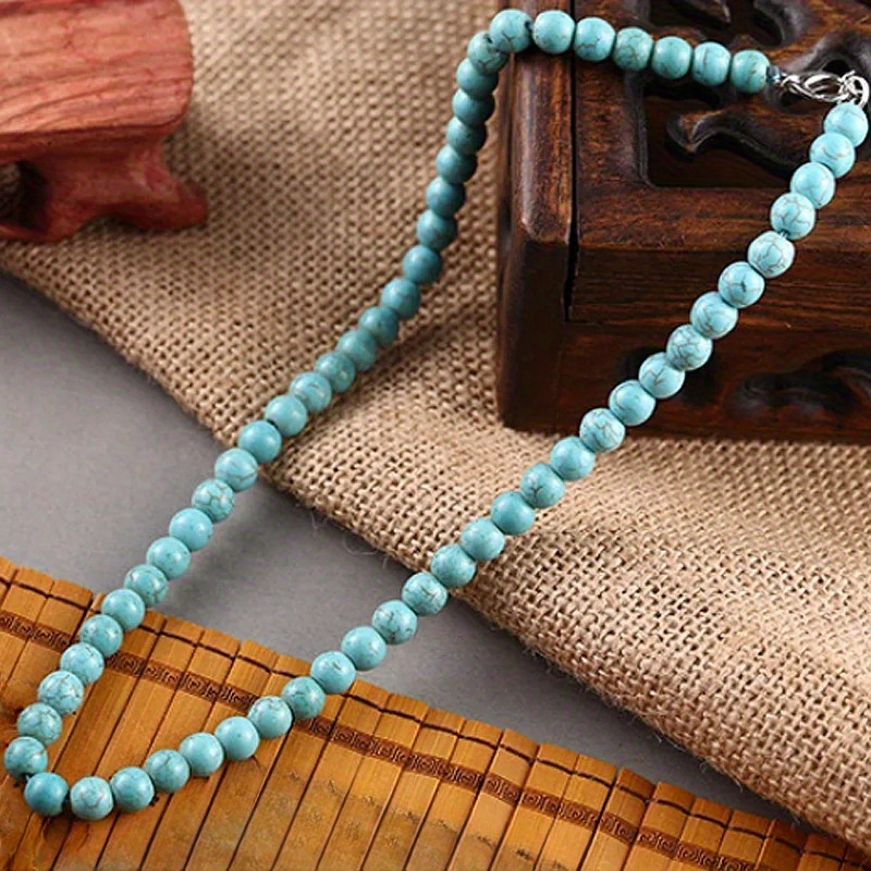 

Bohemian Style Natural Turquoise Beaded Necklace, Vintage Women's Sweater Chain, Ethnic Fashion Round Turquoise Beads Neck Jewelry