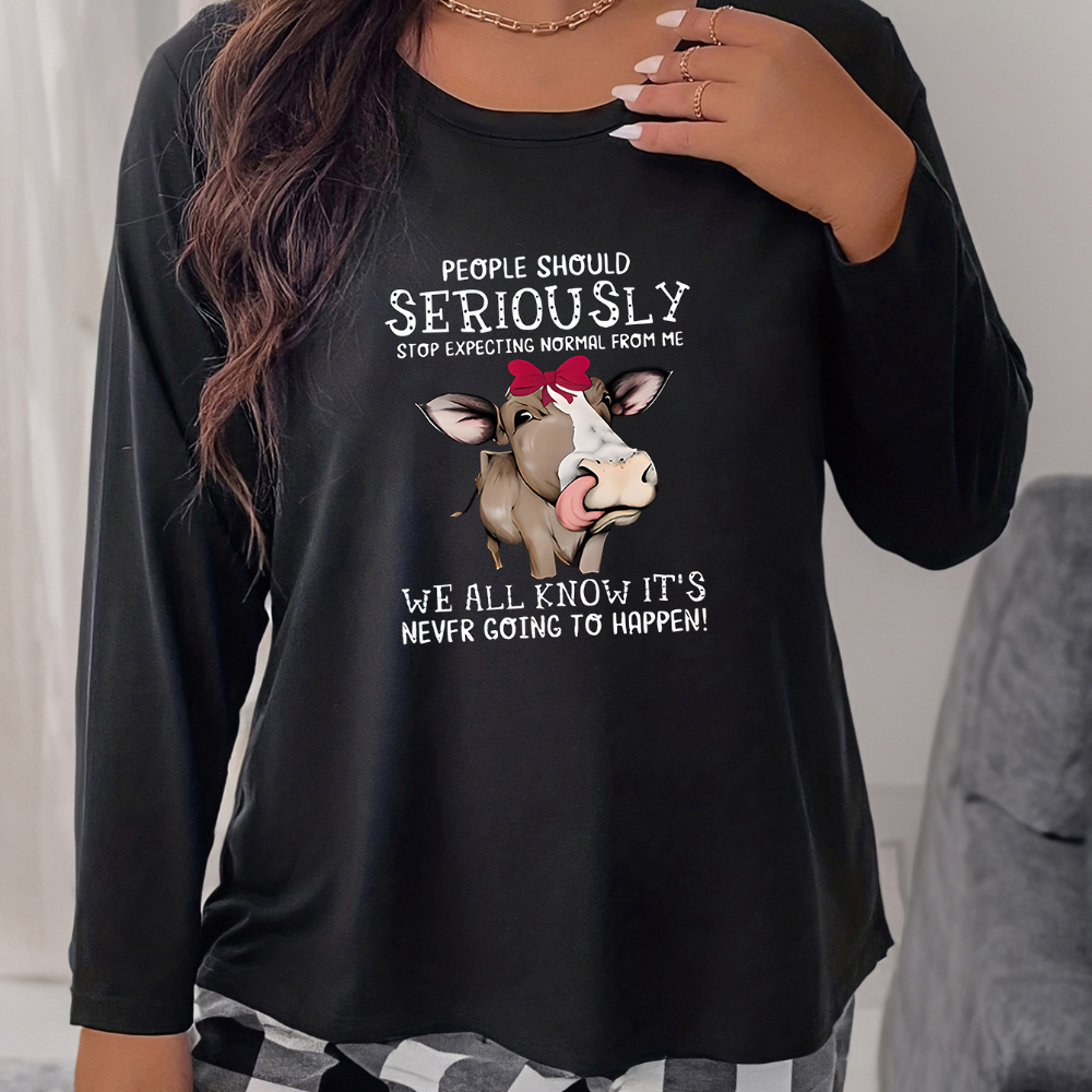 

Cozy Plus Size Women's Pajama Top With Cute Cartoon Cow & - Long Sleeve, Round Neck Sleepwear Shirt