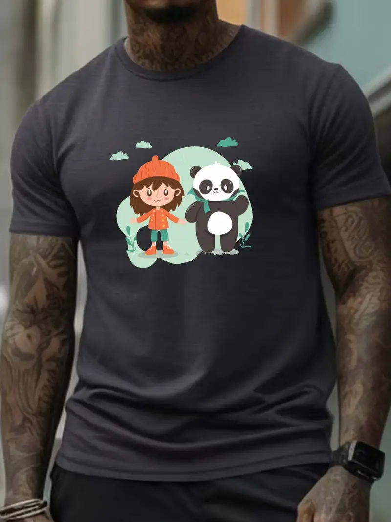 Plus Size 'panda Girl' Illustration Print Men's Casual - Temu Canada