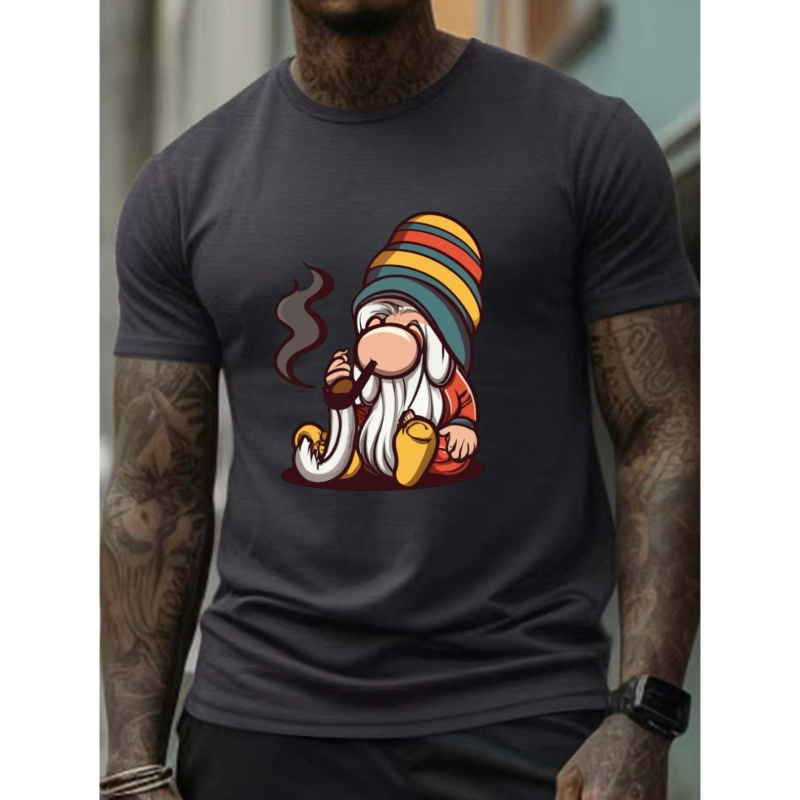 

Plus Size, Smoking Gnome Print Men's Casual Summer Graphic Tee Oversized Short Sleeve Loose T-shirt For Everyday, Gift For Him