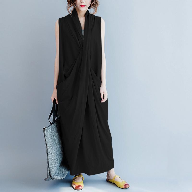 

Plus Size Cross Front Solid Dress, Casual V Neck Sleeveless Ankle Dress, Women's Plus Size Clothing