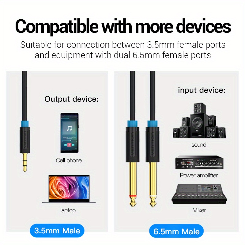 3.5mm to Double 6.5mm TRS Cable AUX Male Mono 6.5 Jack to Stereo 3.5 Jack  Audio Cable for Mixer Amplifier 6.35 Adapter