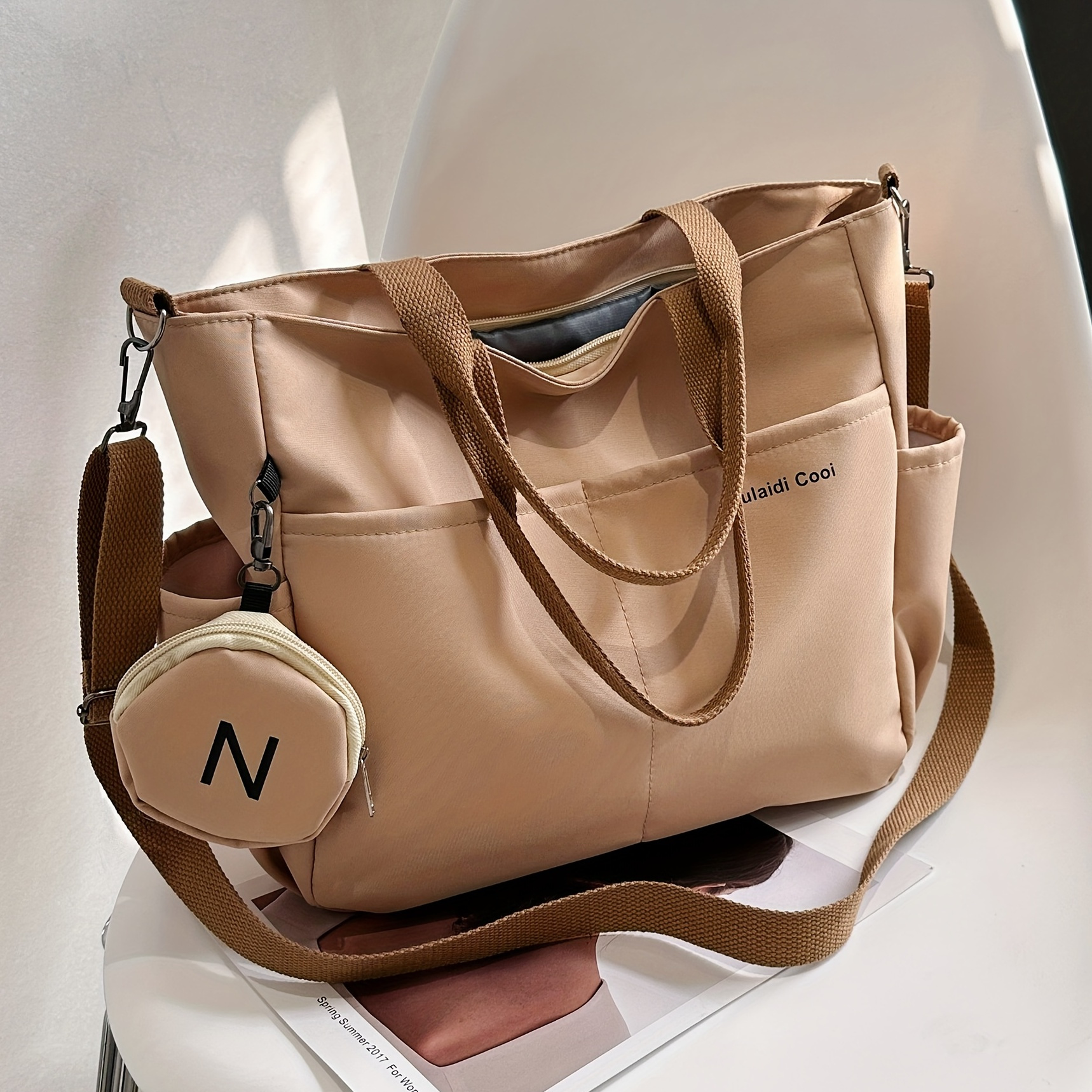 women's beige nylon tote bag adjustable strap large capacity