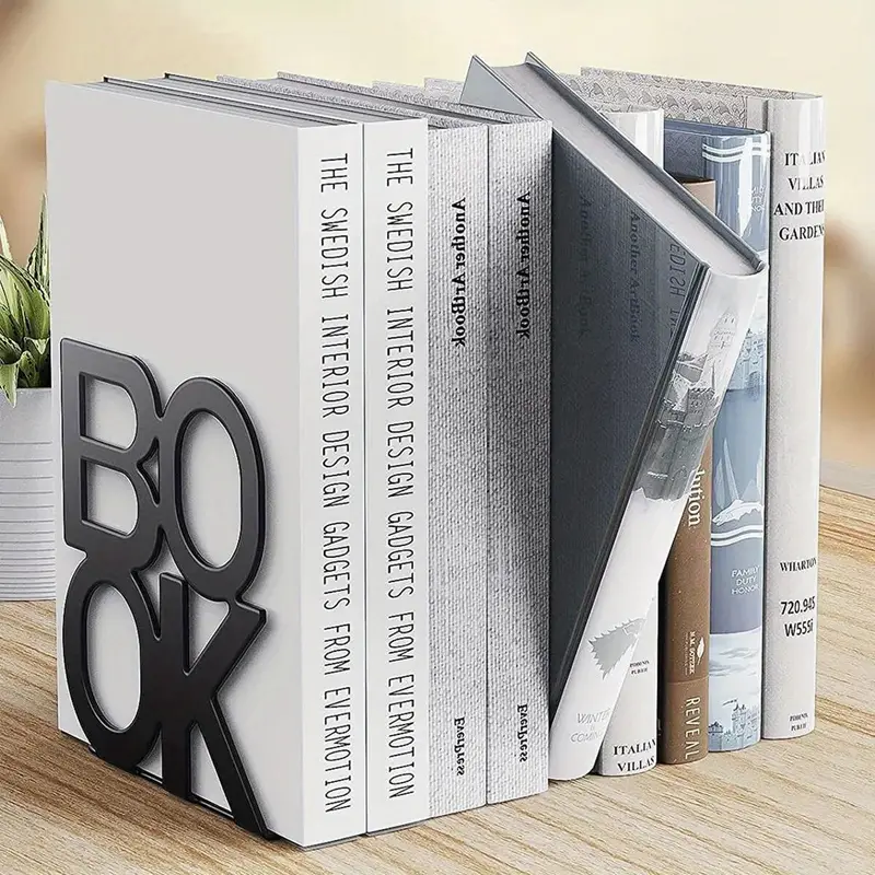 2pcs pair book letter shaped bookend metal desktop office bookends board retractable student book holder retro minimalist book rests for home room living room office bookshelf decor christmas valentines day new year gift details 0