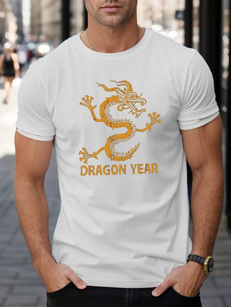 T-shirt Homme à Manches Courtes - Motif Dragon Chinois Style Streetwear - Col Rond - 100% Coton - Décontracté