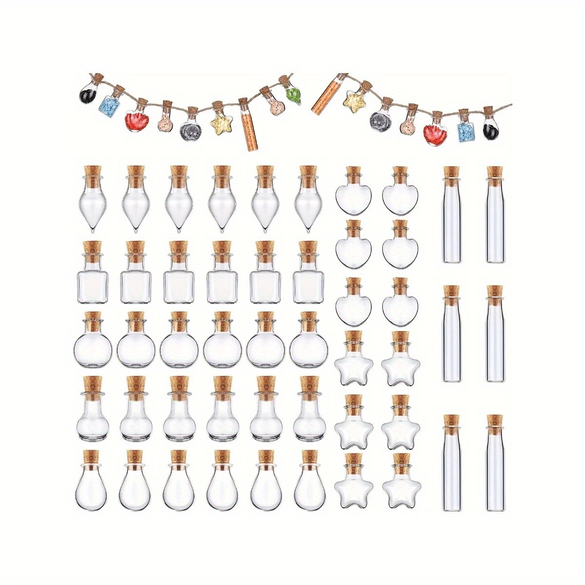 48pcs/set, Lindas Mini Botellas de Vidrio con Tapas de Corcho - 8 Formas  para Decoración de Bodas, Manualidades DIY y Decoración del Hogar