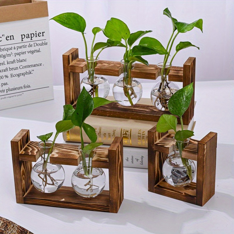 

1/2/3pcs, Creative Wooden Frame Hydroponic Small Flower Vase, Green Screw Pine Plant Glass Container, Living Room Office Desk Home Decoration