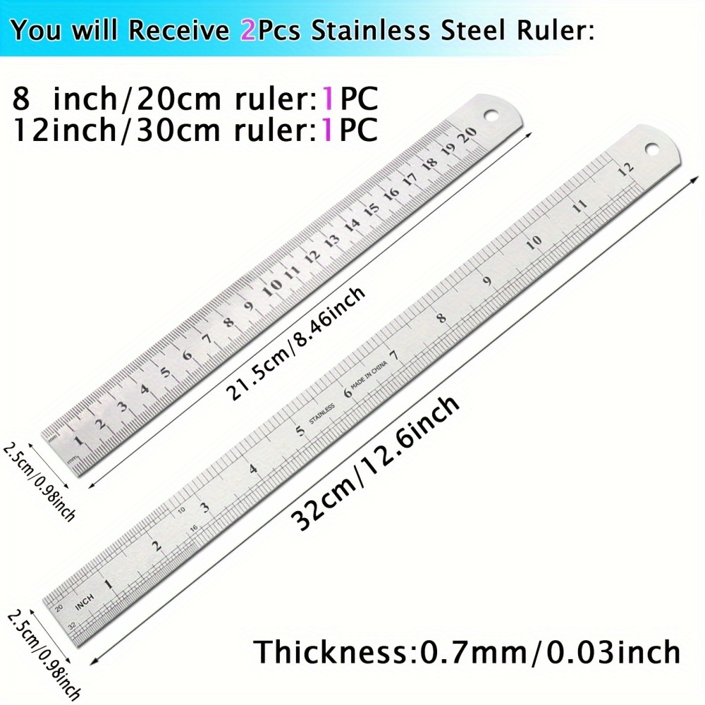2pcs stainless steel ruler set 20cm 8in metal ruler 30cm 12 Temu