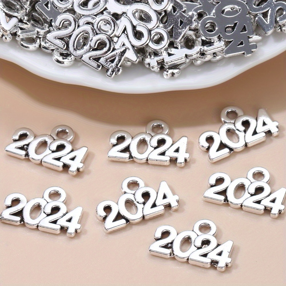 10 Antique Silver 2024 Metal Graduation New Year Pendant Jewelry Charms  with Loop for Hanging on Bracelet, Necklace, Anklet etc