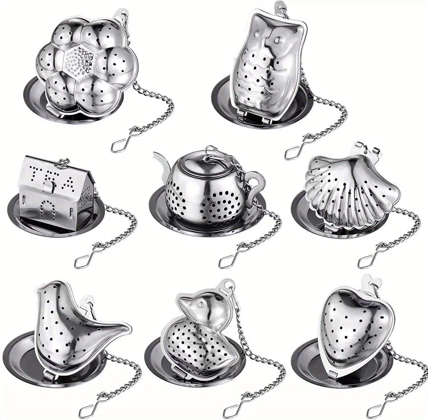 2 шт. набор креативных чайных инфузоров из нержавеющей стали с декоративными крышками - фильтры для трав и специй для заваривания чая в чайниках с изображениями совы, граната и кактуса - инструменты для аксессуаров чая. Детали 0.