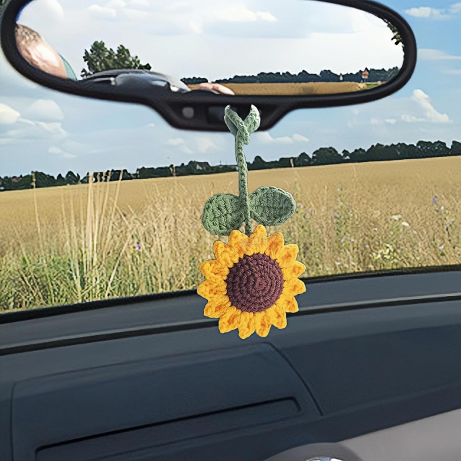 

Sunflower Car Rearview Mirror Hanging Ornament Floral Crochet Rearview Mirror Decor Car Accessories Cute Handmade Gifts For Women And Men Drivers