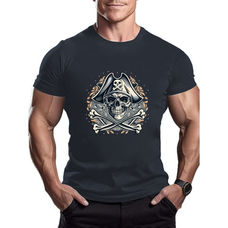 

Pirate Skull And Cross Print T Shirt, Tees For Men, Casual Short Sleeve T-shirt For Summer