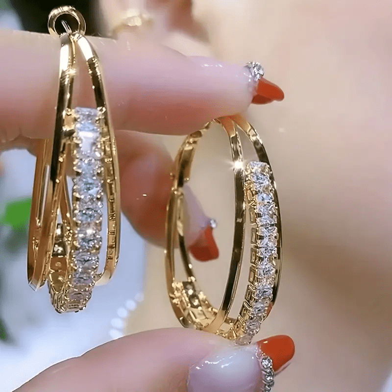 

1 Pair 3 Layers Shiny Rhinestone Decor Hoop Earrings Vintage Elegant Style Zinc Alloy Jewelry Exquisite Gift For Women