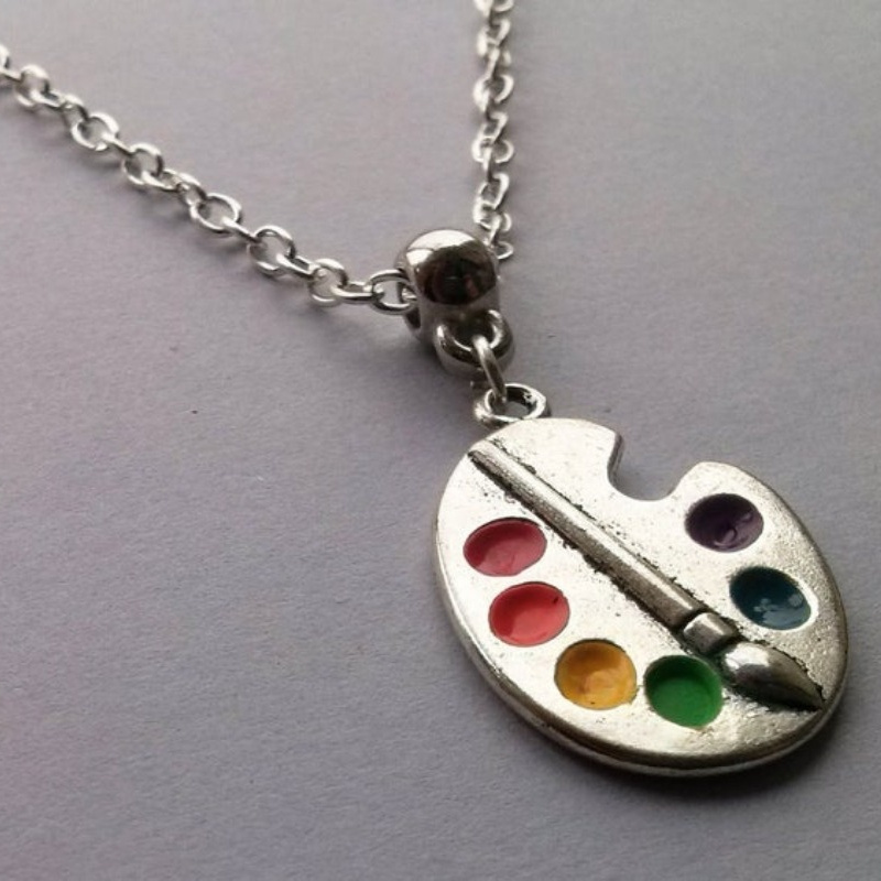 925 Sterling Silver - Vintage Paint Palette & Brush Artist Pendant