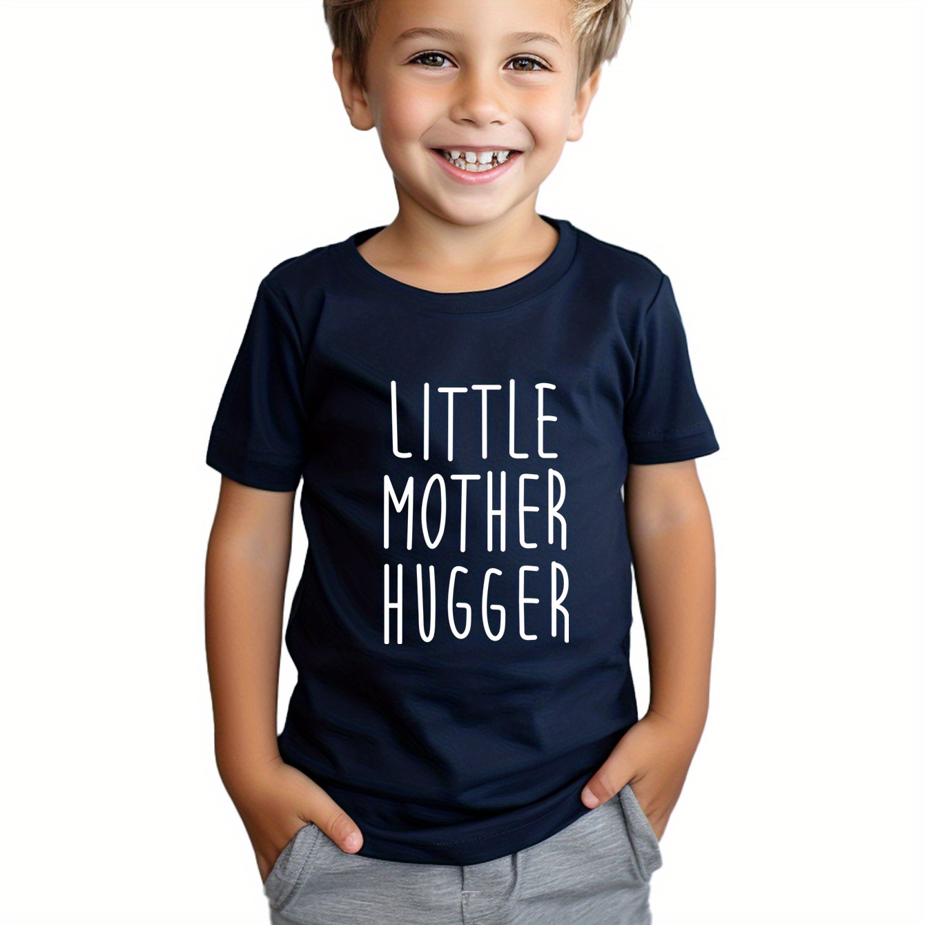 

Little Mother Hugger Print Boy's T-shirt, Kids Casual Short Sleeve Breathable Comfortable Summer Outdoor Top