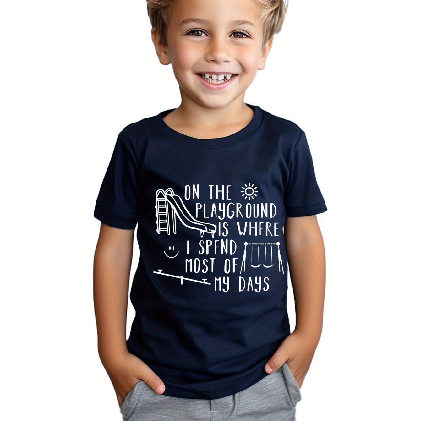 

On The Playground Print Boy's T-shirt, Kids Casual Short Sleeve Breathable Comfortable Summer Outdoor Top