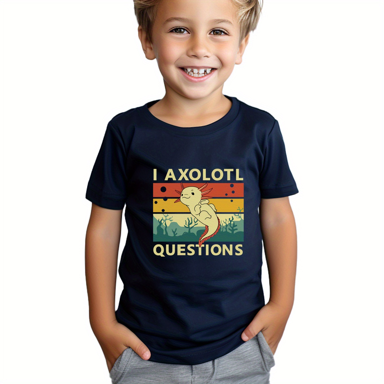 

I Axolotl Question Print Boy's T-shirt, Kids Casual Short Sleeve Breathable Comfortable Summer Outdoor Top