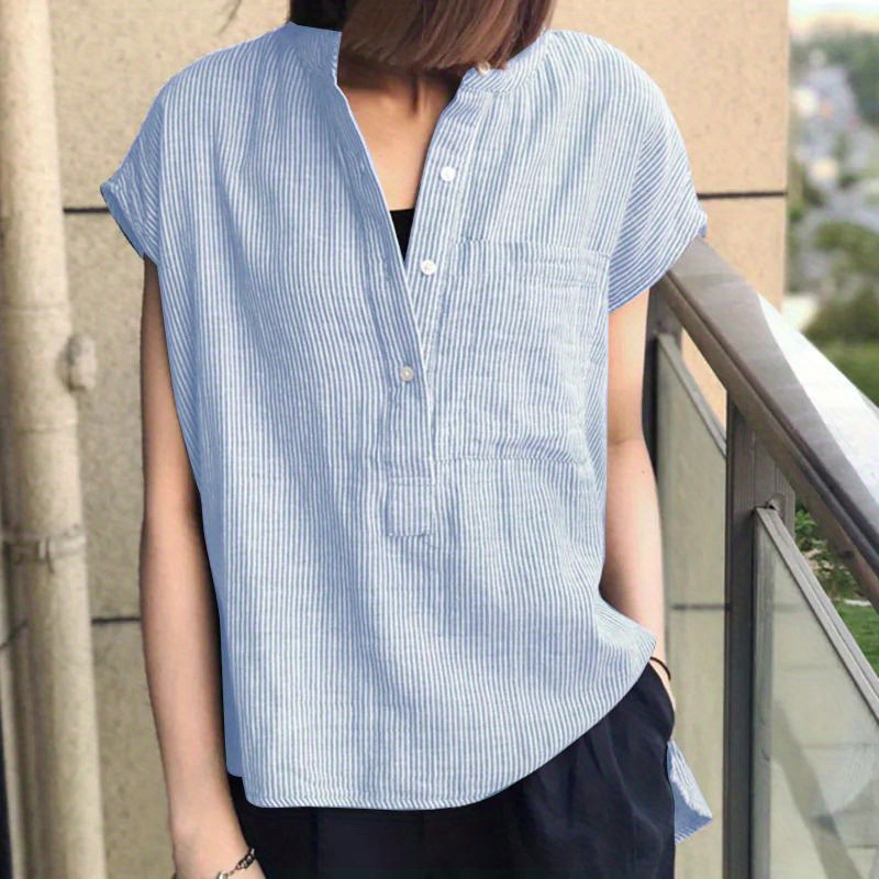 

Plus Size Striped Print Top, Casual Button Front Cap Sleeve Top, Women's Plus Size clothing