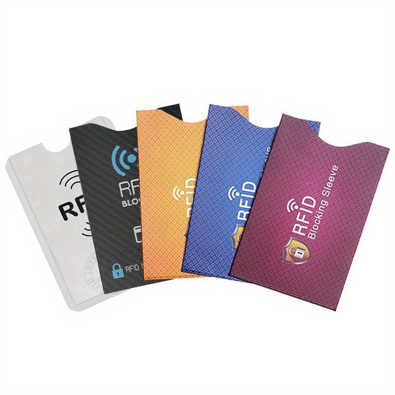 5pcs Multi-Color RFID Blocking Card Sleeves - Durable Aluminum Foil, NFC Signal Shield for Credit & Debit Cards, Secure Anti-Theft Wallet Protectors with Advanced Technology Symbols, Identity Theft |Colorful Card Holders|Durable Material