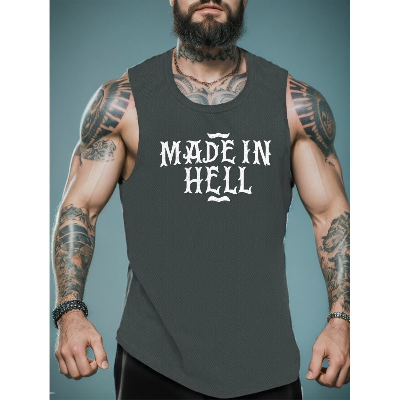 

Men's Sleeveless Made In Hell Print Vest, Active Undershirts For Workout At The Gym, All Seasons