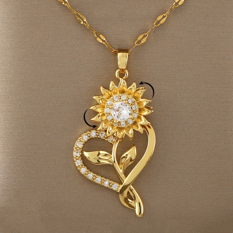 Collar con Colgante de Corazón de Girasol Giratorio 360° con Circonita Cúbica - Acero de Titanio Bañado en Oro de 18K, Regalo Perfecto de Cumpleaños o Navidad para Ella