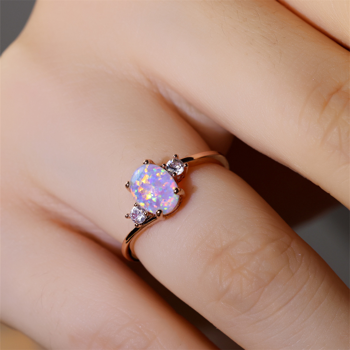 Women's Oval Iridescent Opal Engagement Ring with Sparkling Side Stones  Elegant Minimalist White Golden Plated Jewelry for Casual Attire, Parties 