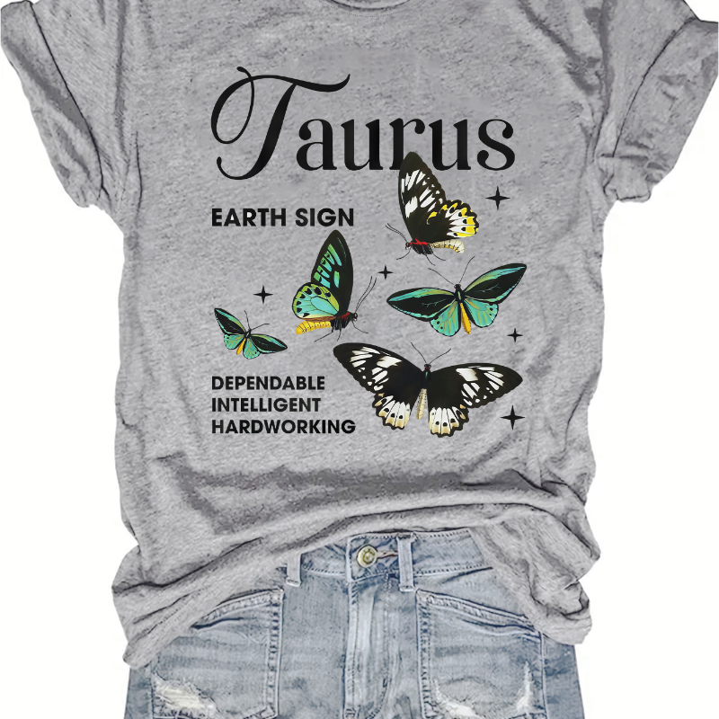 

Butterfly & Taurus Letter Print T-shirt, Short Sleeve Crew Neck Casual Top For Summer & Spring, Women's Clothing