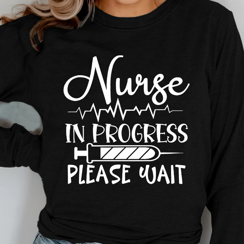 

Nurse Letter Print T-shirt, Long Sleeve Crew Neck Casual Top For Spring & Fall, Women's Clothing