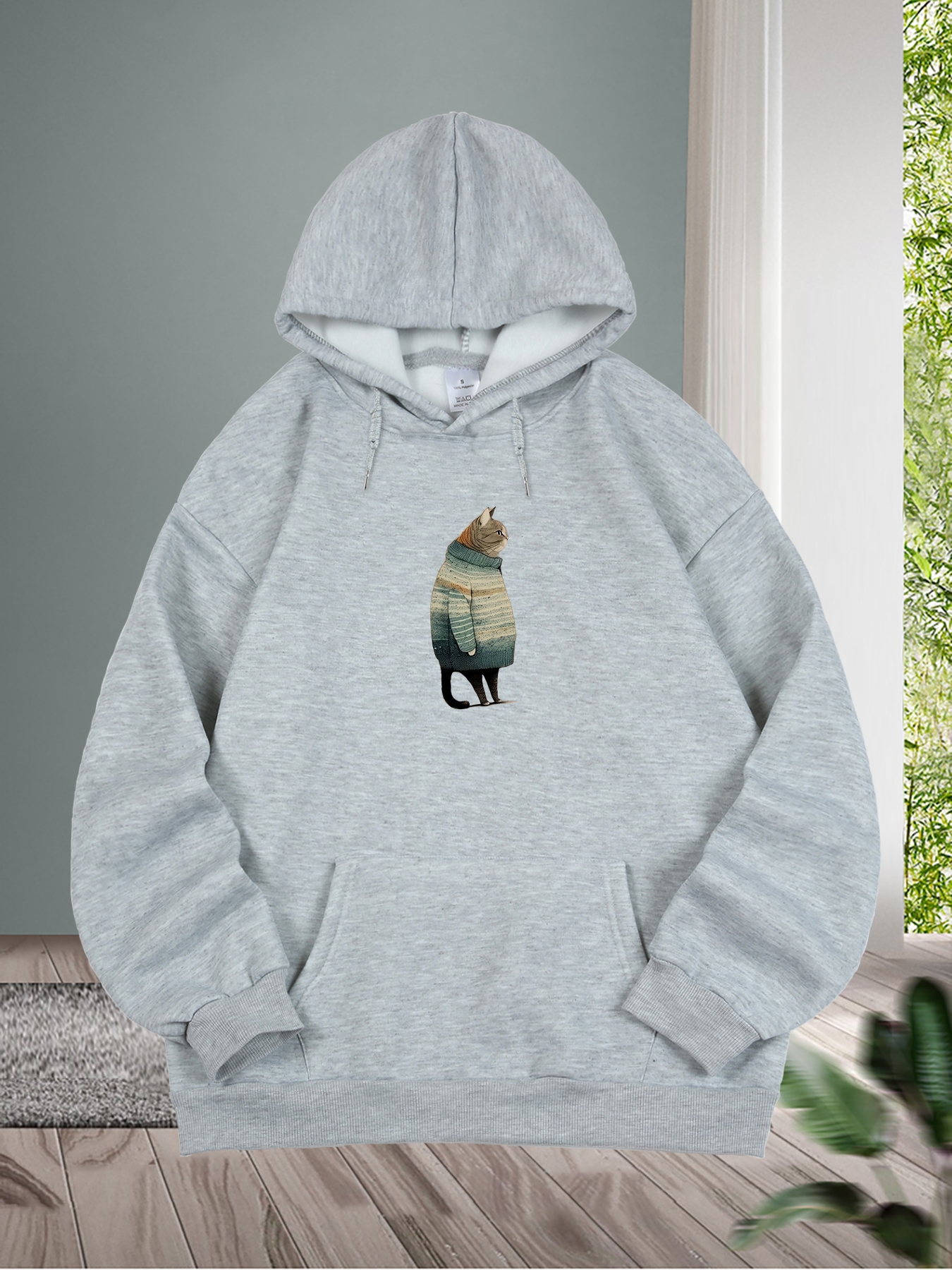 Cute Cat Print Thermal Hoodie Casual Kangaroo Pocket Long - Temu