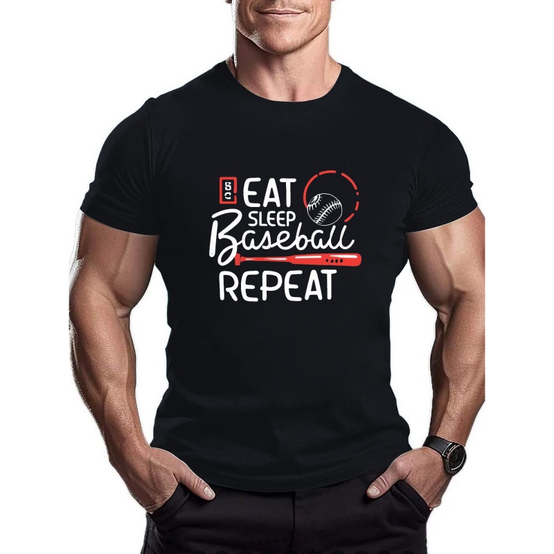 

Eat Sleep Baseball Repeat Print T Shirt, Tees For Men, Casual Short Sleeve T-shirt For Summer