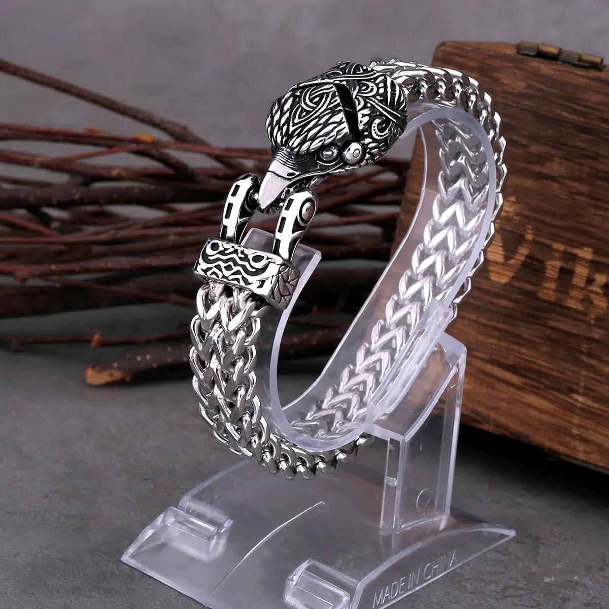 Image of Vintage Viking Crow Head Stainless Steel Bracelet Mens Multi Layer Chains Creative Wristband Punk Hip Hop Biker Rock Bangle Gift