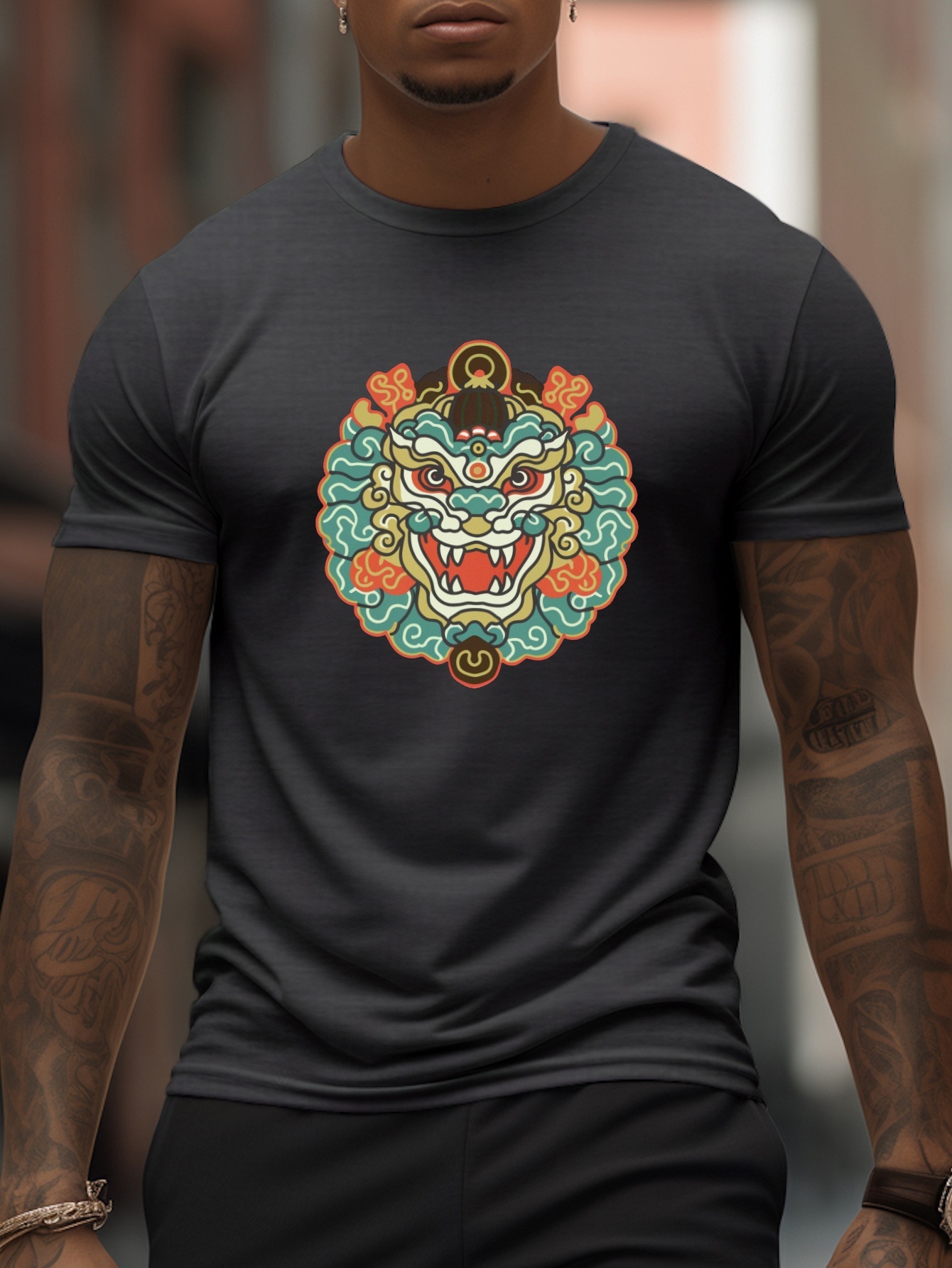 Bagua Lion Print T Shirt Tees Men Casual Short Sleeve T - Temu Canada