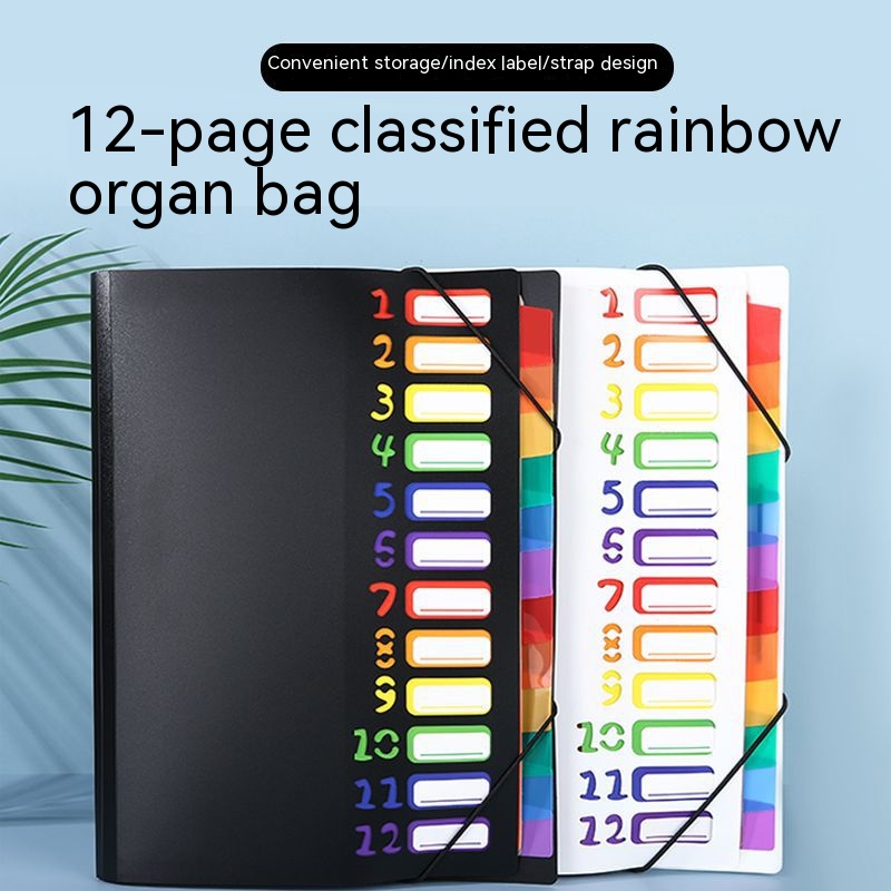 

12 Pages Rainbow Classification Organ Bag New Office Materials Storage Folder Pp Rope Organ Clip