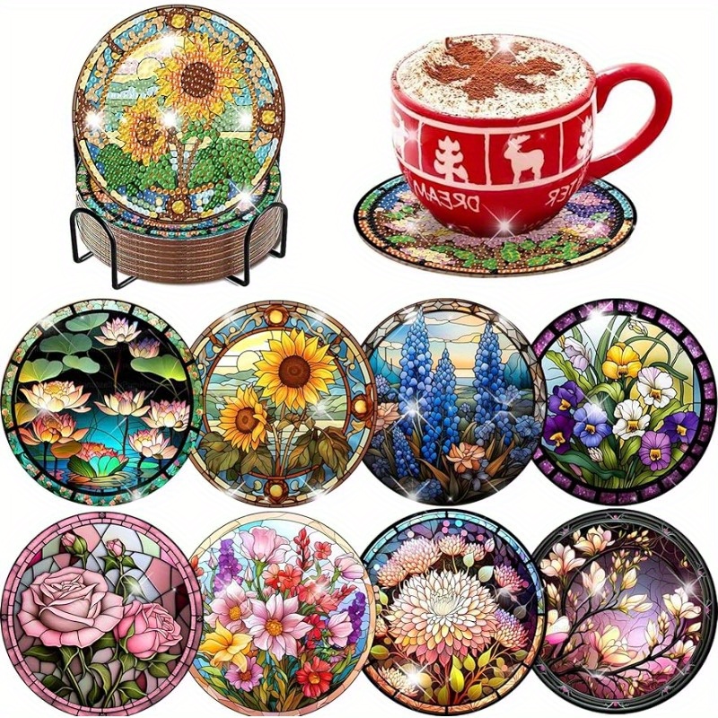 

8pcs Diamond Art Coasters-flower Rhinestone Painting Coasters Kits With Holder, Diy Flowers Coasters Kit With Cork Bases For Beginners Adults Art Craft Supplies Gift
