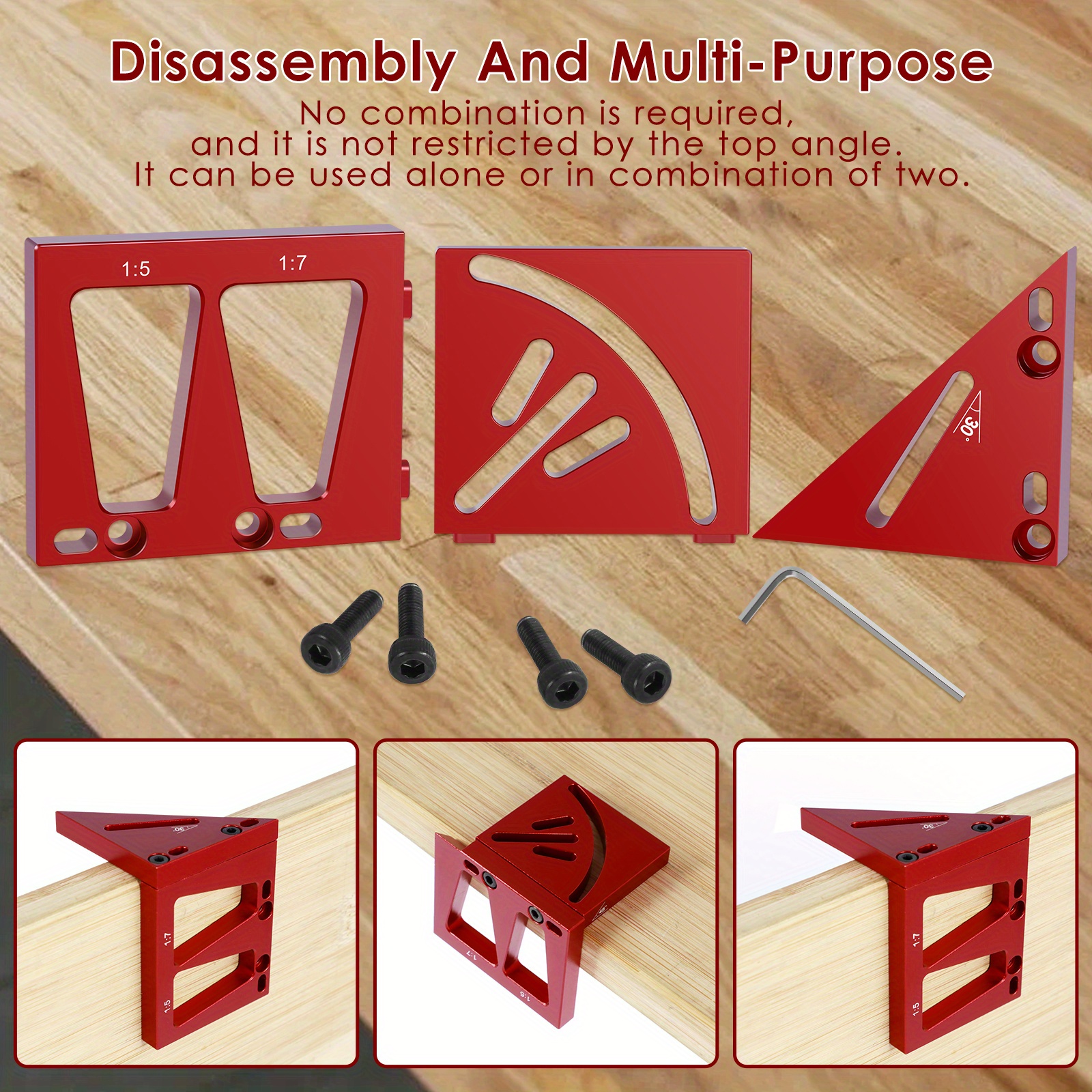 Saysurey Woodworking Ruler Set – 4 Pcs, 6/8/12 Inch + 3D Angle Ruler, Aluminum, Slide Stop, 45/90 Degree