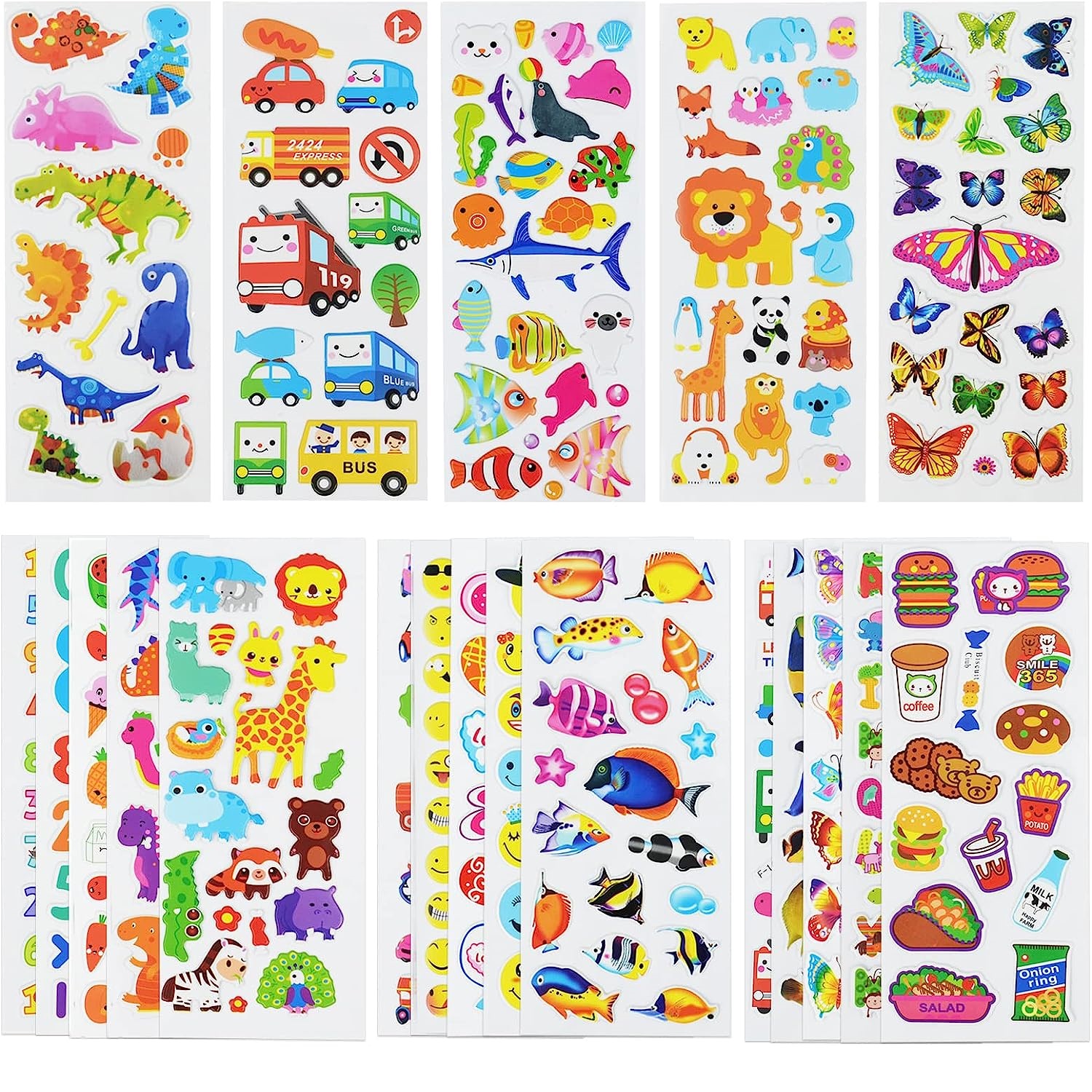 10 Sheets Kids Stickers 3D Puffy Bulk Cartoon Zoo Animal