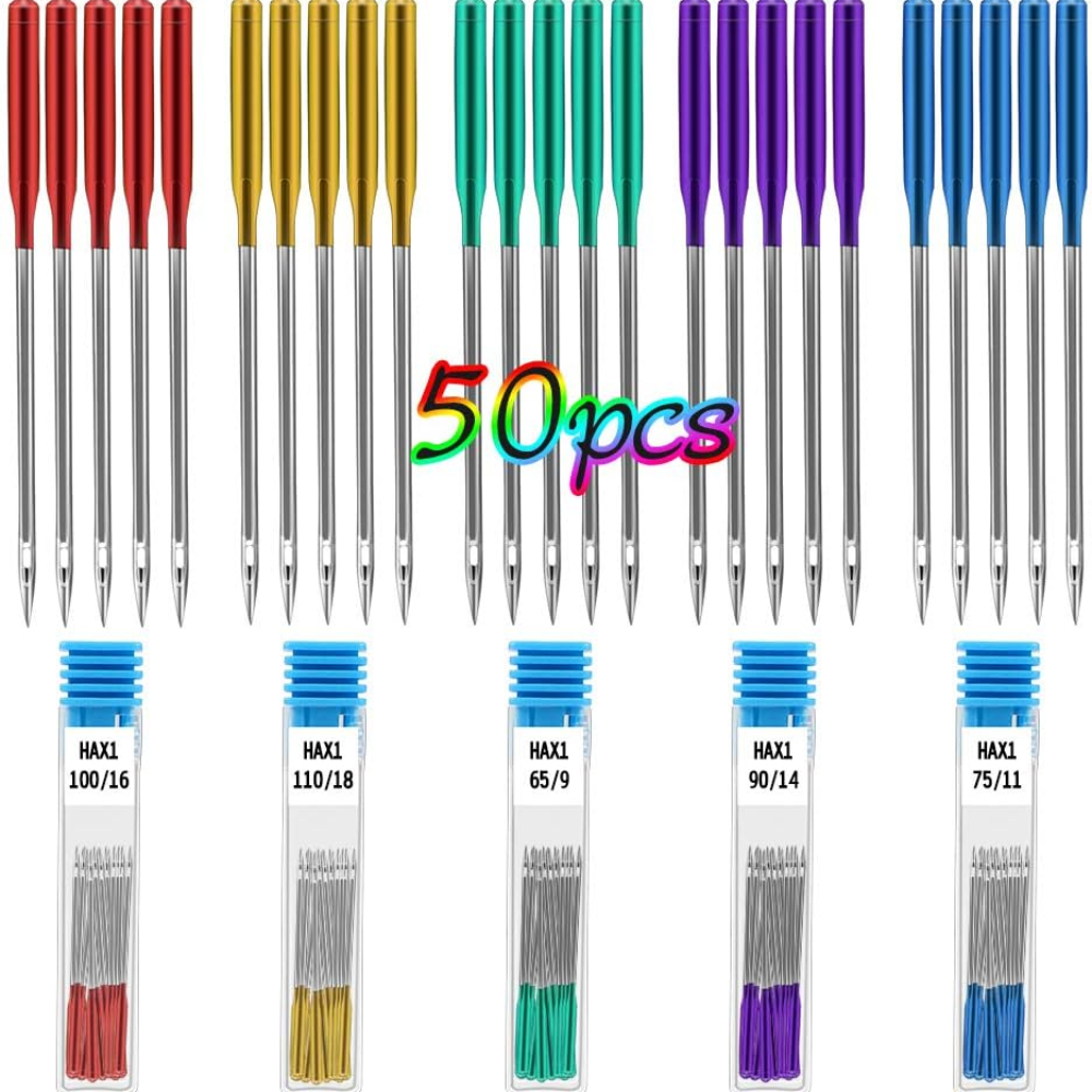 

50pcs Sewing Machine Needles Universal Regular Point Machine Needles Size 65/9, 75/11, 90/14, 100/16, 110/18, 5 Colors