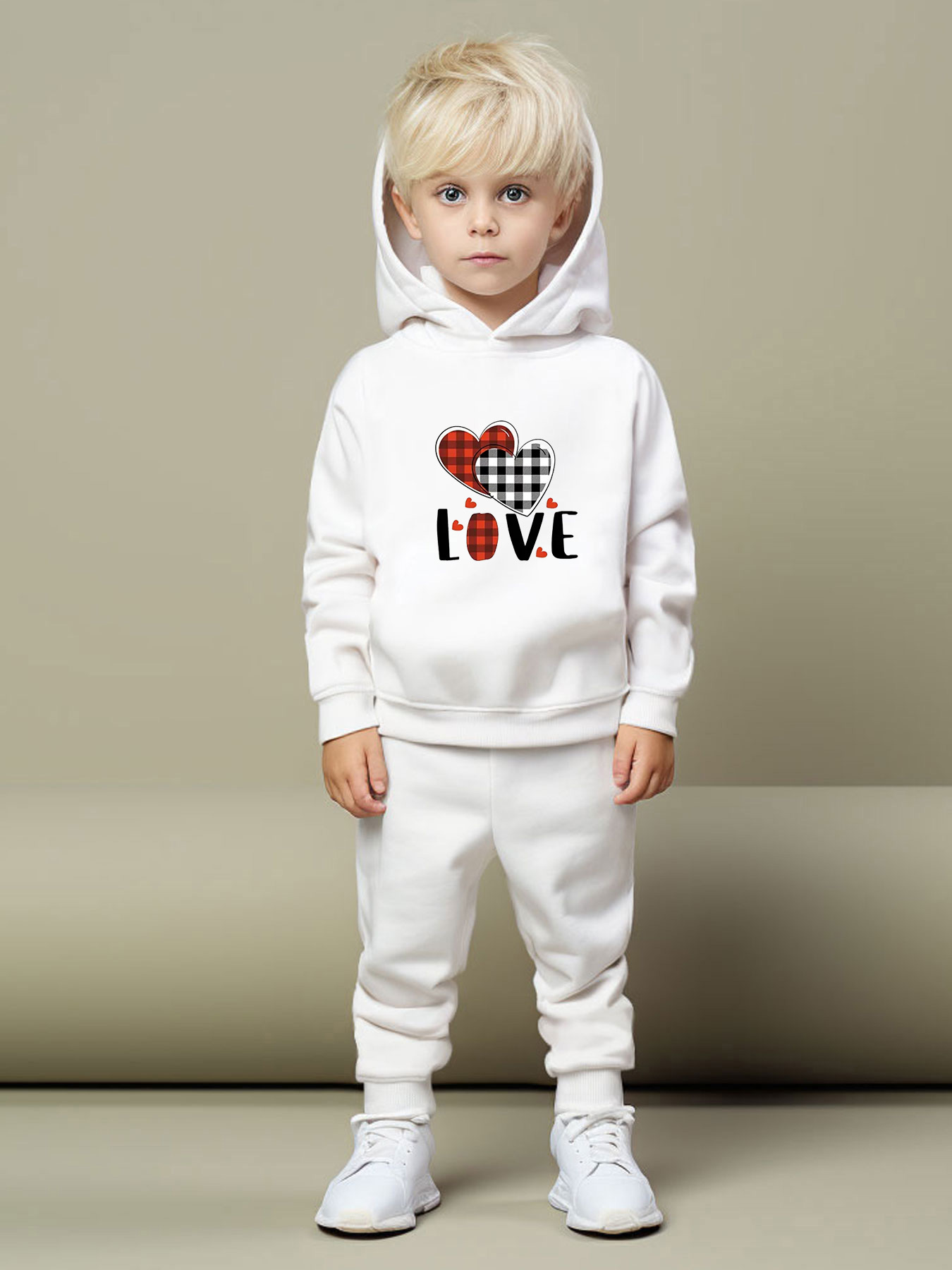 Boy's Valentine's Day Plaid Love Heart Print Hooded Outfit - Temu