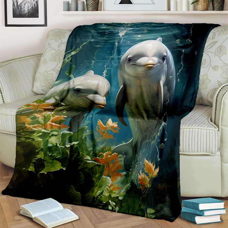 Cozy Dolphins Print Blanket Lightweight Flannel Throw Sofa Bed Living Room