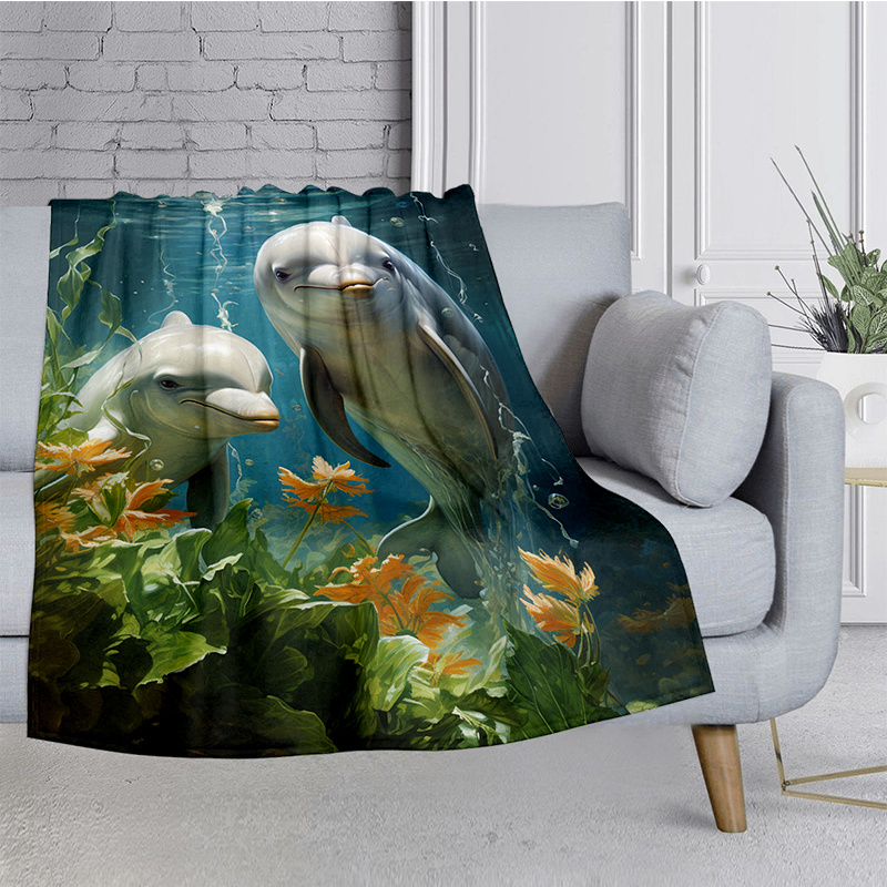 Cozy Dolphins Print Blanket Lightweight Flannel Throw Sofa Bed Living Room