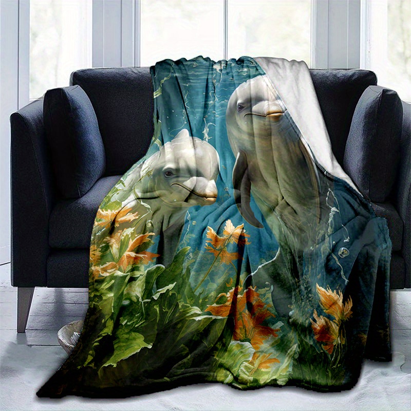 Cozy Dolphins Print Blanket Lightweight Flannel Throw Sofa Bed Living Room