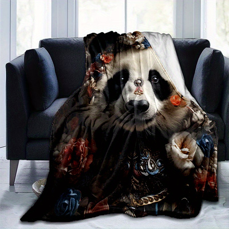 Cozy Pandas & Flowers Print Blanket Lightweight Flannel Throw For Sofa Bed