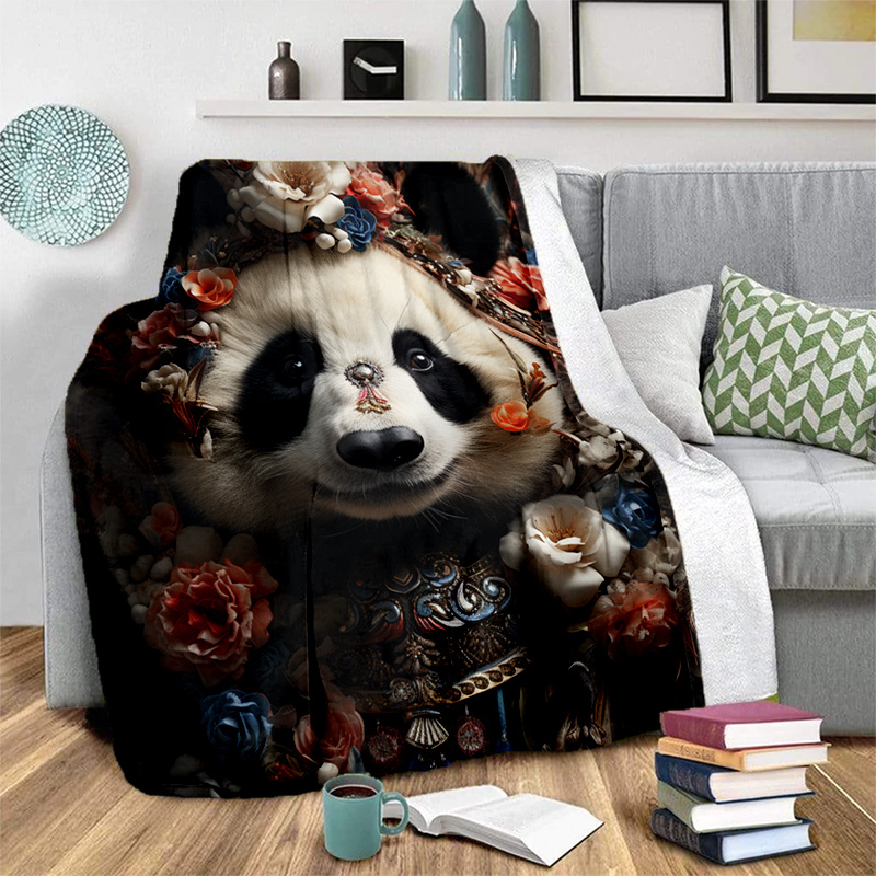 Cozy Pandas & Flowers Print Blanket Lightweight Flannel Throw For Sofa Bed