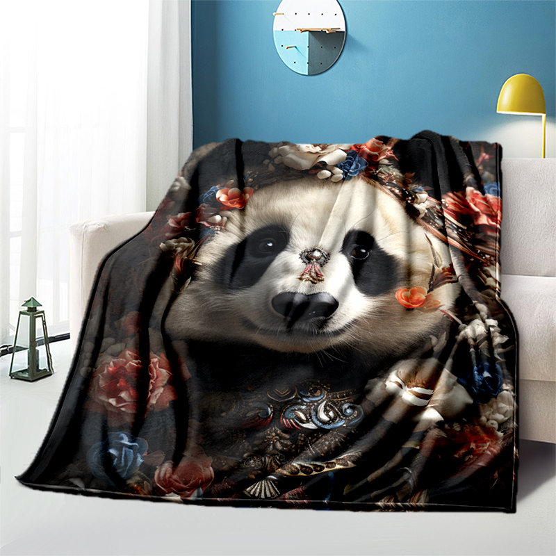 Cozy Pandas & Flowers Print Blanket Lightweight Flannel Throw For Sofa Bed