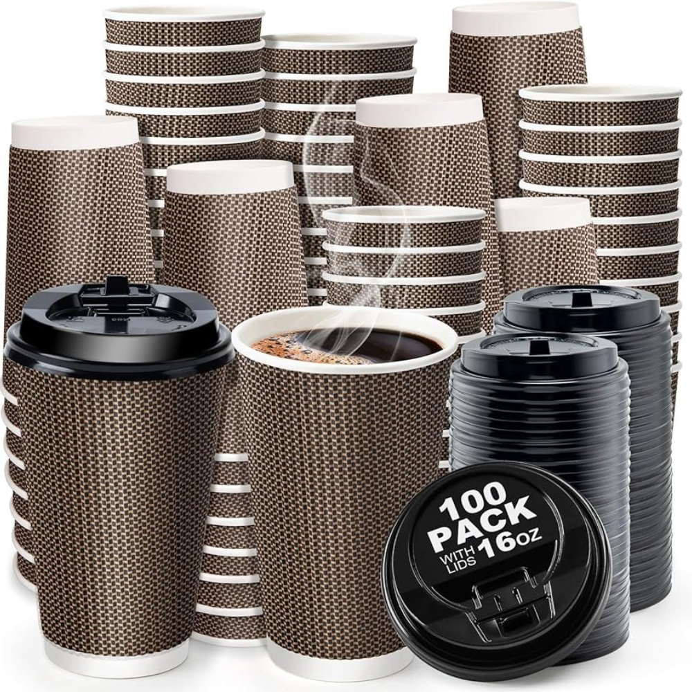 LITOPAK Paquete de 100 tazas de café de papel de 16 onzas, tazas de bebida  para bebidas de café frío/caliente, tazas de café desechables con tapas