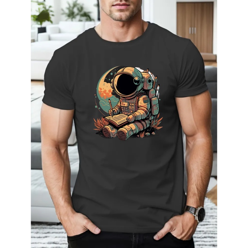 

Astronaut Writing Down Something Print T Shirt, Tees For Men, Casual Short Sleeve T-shirt For Summer