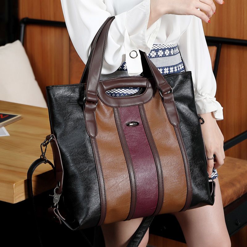 

Colorblock Stitching Tote Bag, Luxury Genuine Leather Handbag, Vintage Crossbody Bag For Women