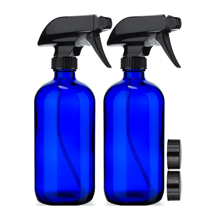 

2pcs Blue Glass Spray Bottles (2 Pack) - Bpa Free - Large 16 Oz Refillable Bottle For Plants, Pets, Essential Oils, Cleaning Products - Black Trigger Sprayer W/mist And Stream Settings