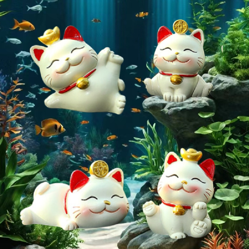 2pcs Aquarium Decorative Mini Lucky Cat Figurines Cute Style For